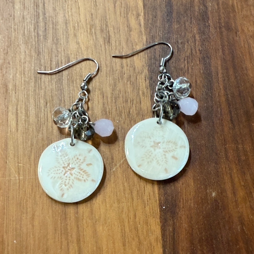 Handmade Sand Dollar Pink Brown Gray Bead Dangle Drop Earrings Silver Tone